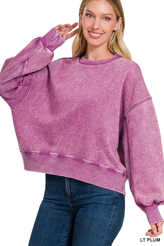 front view of Acid wash fleece oversized pullover in light plum