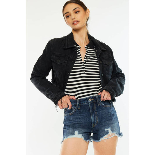 Kan Can USA high rise mom shorts with dark stone wash and raw frayed hem