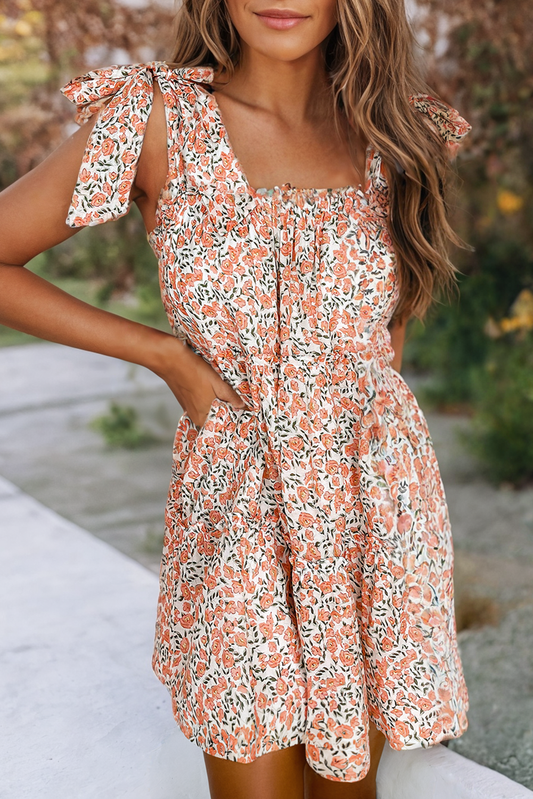 Rose floral knotted straps tiered babydoll spring dress