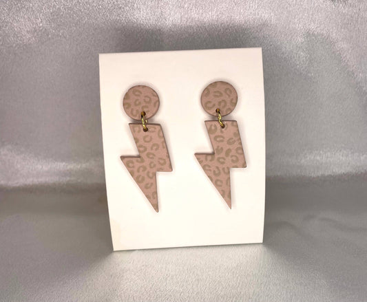 Beige Leopard Lightning Bolt | Dangle Clay Earrings