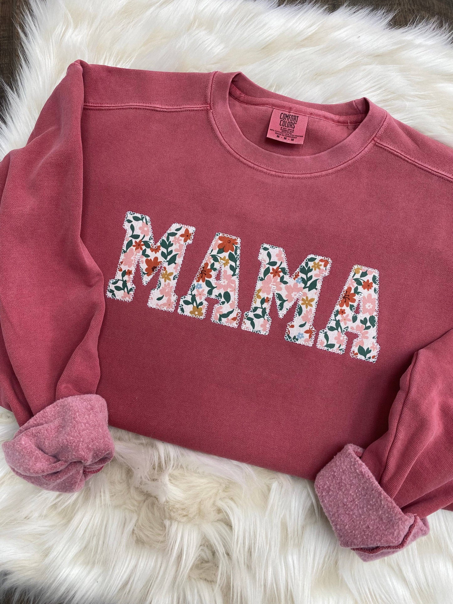 Comfort Colors Mama crimson sweatshirt with fall floral applique design