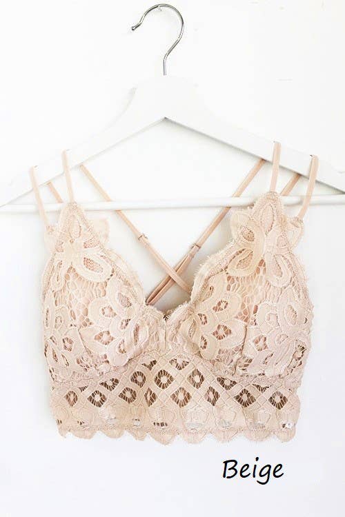 Vanilla Monkey Plus Size Scalloped Lace Cami Bralette with criss-cross back straps and adjustable shoulder straps.