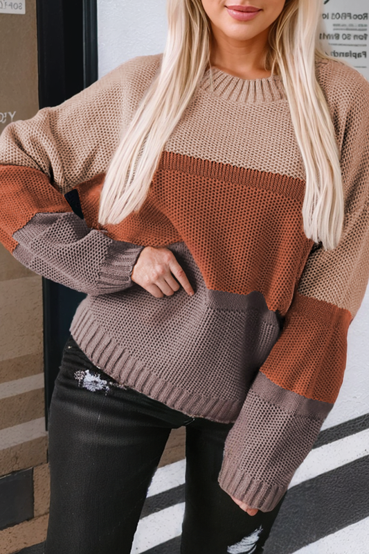 Stripe Color Block Drop Shoulder Round Neck Knit Sweater: Brown / Missy / L