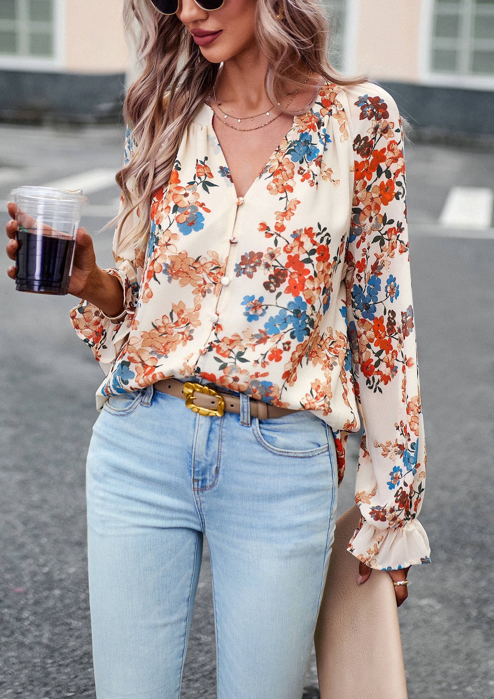 Floral Button Down Long Sleeve Blouse with V-neck and Ruffle Trim