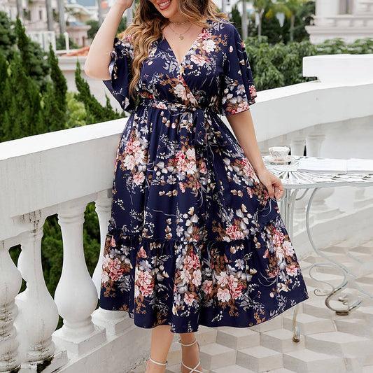 wholesalesir - Plus Size Floral Print V Neck Short Sleeve Dress