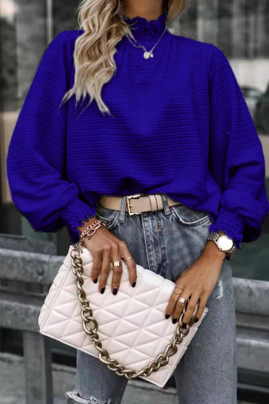 Miss Sparkling - Ruffle Hem Mock Neck Puff Sleeve Top