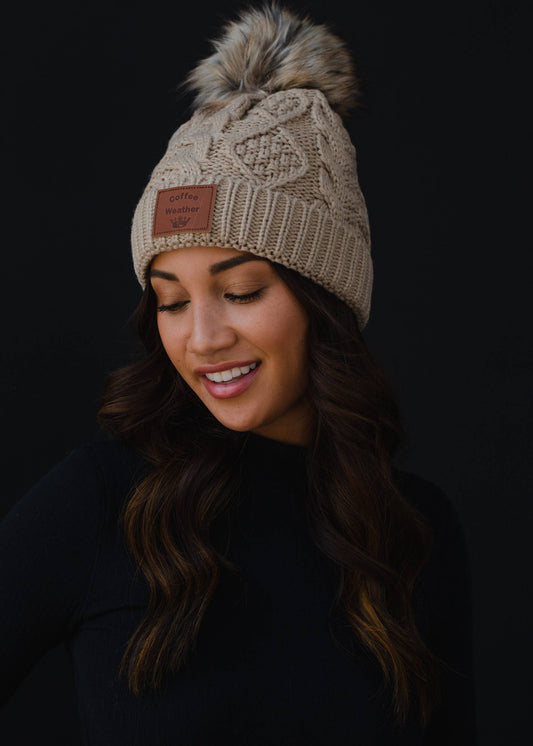 Tan Cable Knit Pom Hat w/ Coffee Weather Patch