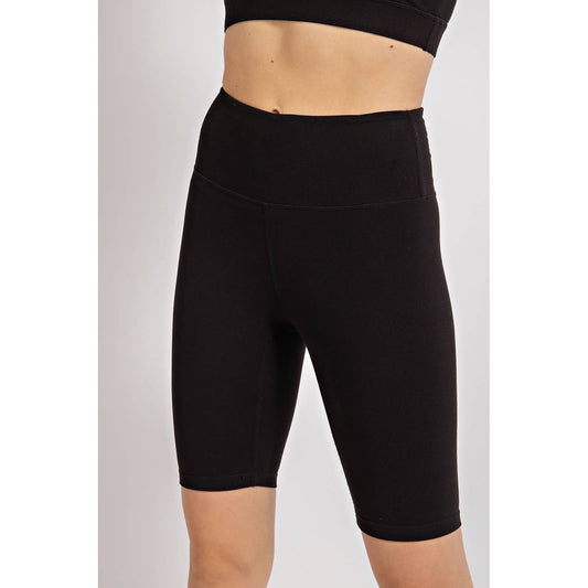 Rae Mode Butter Yoga Biker Shorts with a high waist, wide waistband, yoga stitch, and key pocket, made from butter soft fabric for ultimate comfort.