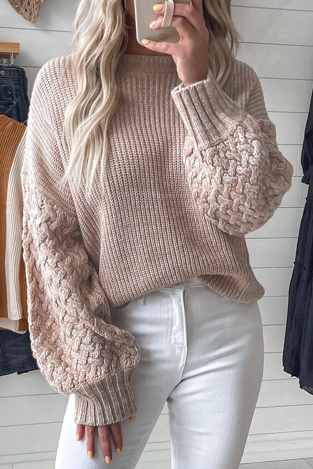 Madelynne Chunky Knit Sweater in Parchment, featuring a drop shoulder design and chunky knit texture.
