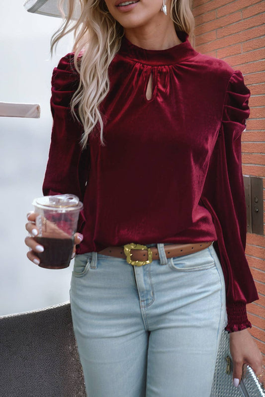 Red Neck Puff Sleeve Velvet Blouse with Long Sleeves and Knot Detail