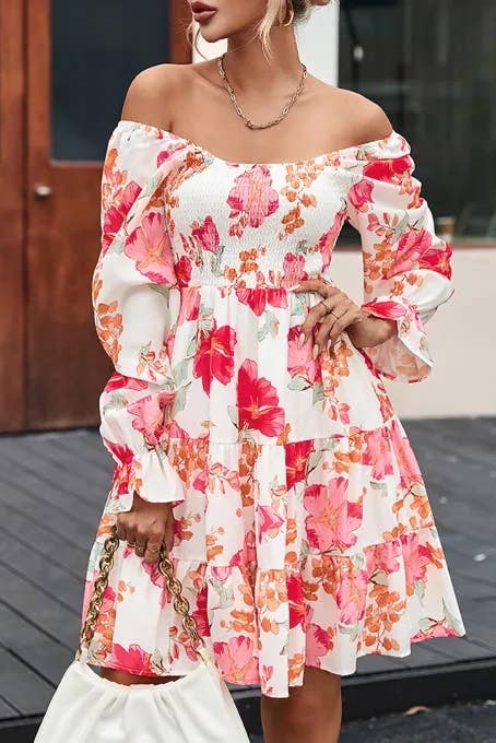 Red Smocked Tiered Floral Dress: Red