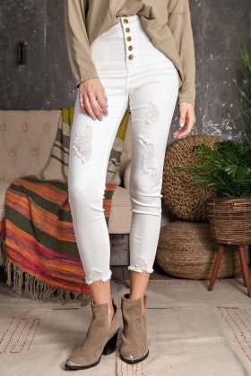 WHITE BUTTON DOWN FRONT STRETCH TWILL SELF DISTRESSED PANTS