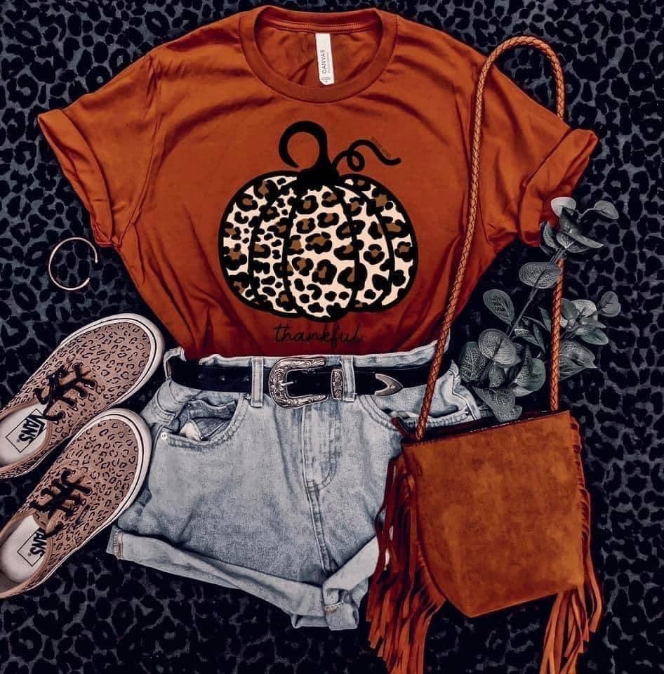 Fall Graphic Tee - Thankful Leopard Pumpkin design by Truelove Apparel