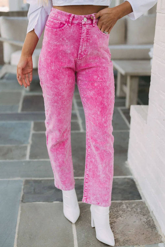Mid-Waist Pocketed Button Casual Jeans in Rose, featuring tie-dye details, a button closure, and pockets. Made from skin-friendly denim, suitable for casual and daily wear.