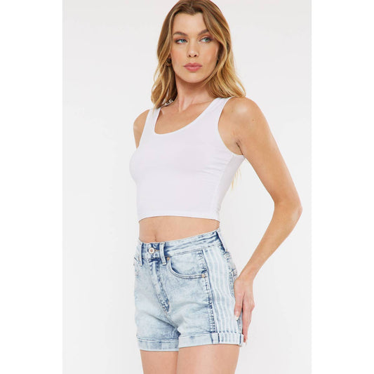Kan Can USA high rise mom denim shorts in light stone wash with side contrast panel
