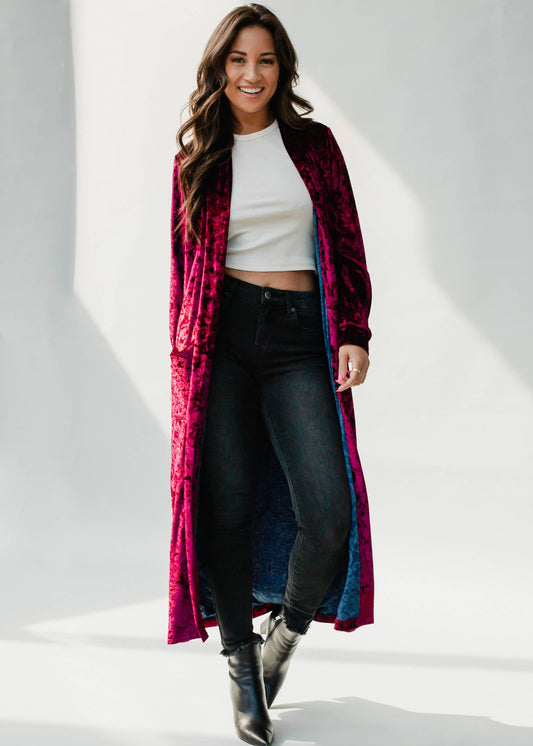 Wine Velvet Duster Cardigan with Decorative Printed Lining