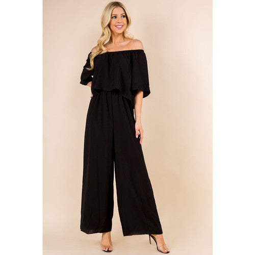 Off shoulder overlay ruffle jumpsuit