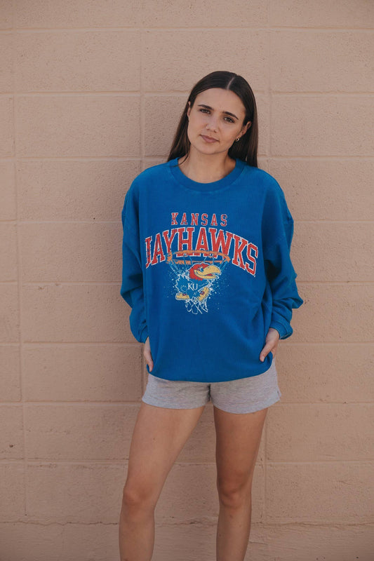 U of Kansas Jordan Swoosh Corded Crew in Washed Royal, size L, featuring a textured corded design.