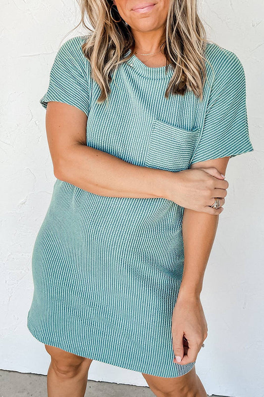 Striped ribbed knit T-shirt shift dress with patch pocket