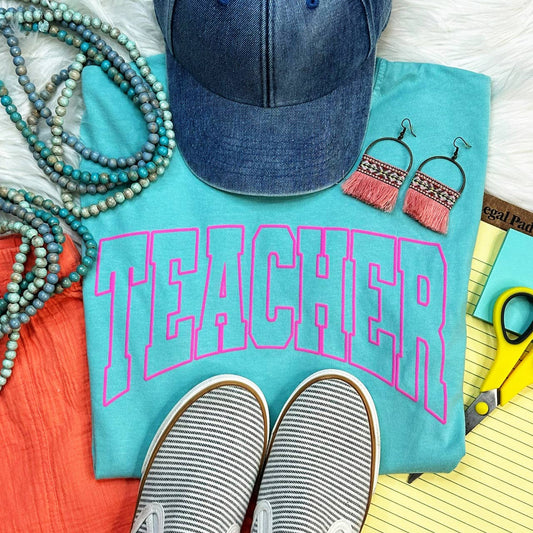 Teacher Pink PUFF Pigment Dyed Tee in Chalky Mint from Trendy Tee Co
