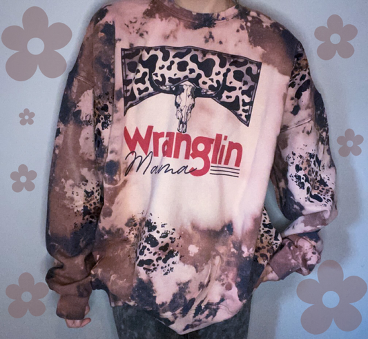 Wranglin Mama bleached cowhide print sweatshirt with cow print patches