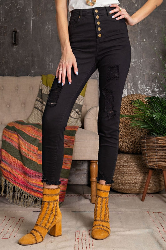 Black BUTTON DOWN FRONT STRETCH TWILL SELF DISTRESSED PANTS