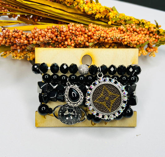 Bleu Olive Designs - Black Upcycled LV Stretch Bracelet Set